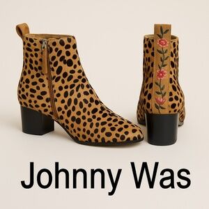 JOHNNY WAS Calf Hair (Haircalf) Leopard Embroidered Ankle Booties 8.5